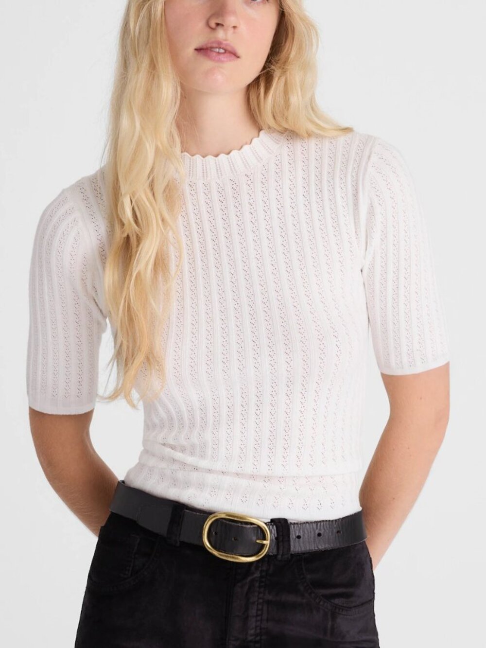 Madewell Pointelle Stitch Mockneck Short Sleeve Sweater Tee White Size S NWT